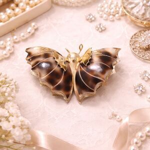 Vintage Gold Tone Shell Butterfly Brooch Carved Wings